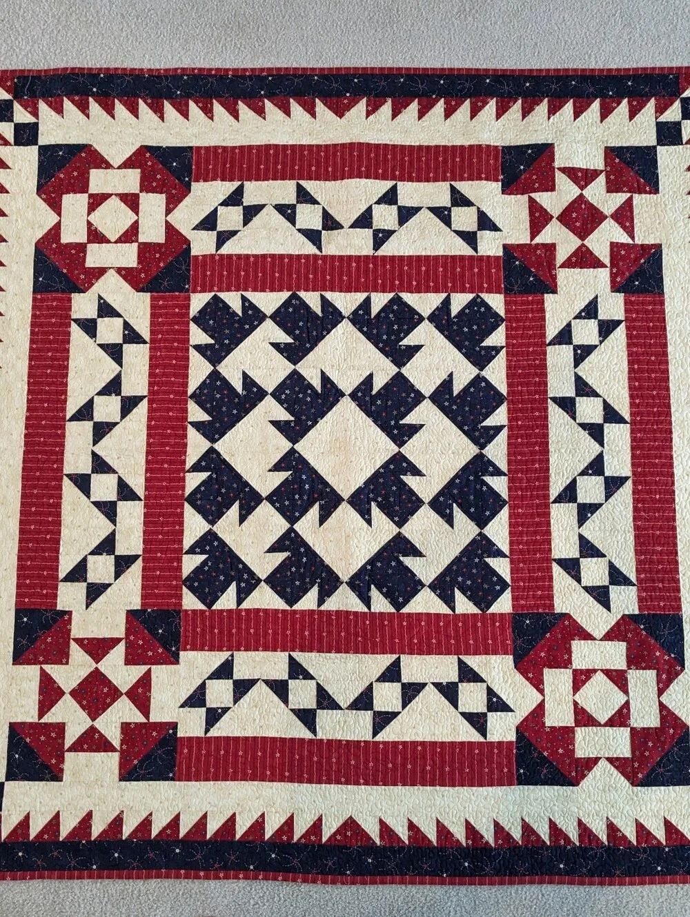 Patriotic Themed Quilt, Reds, Blues And Off-white Fabrics. Quilted And Signed